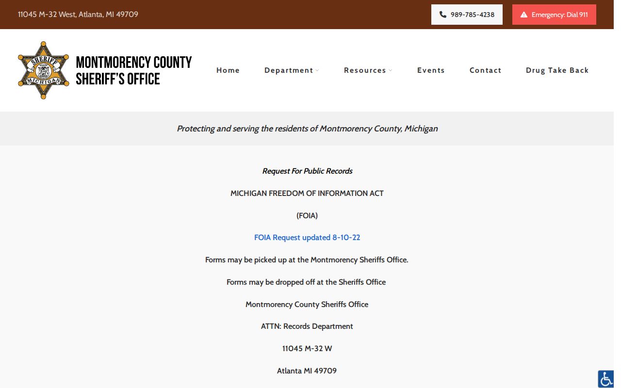 Montmorency County arrest record FOIA request instructions
