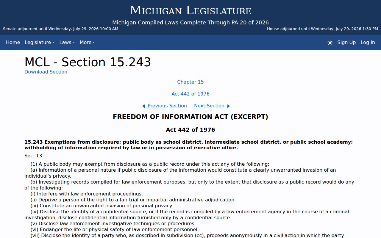 Michigan FOIA exemptions affecting Hillman police and incident records