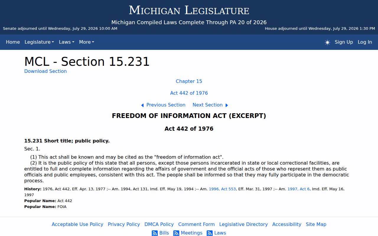 Michigan FOIA public access policy relevant to Hillman record requests