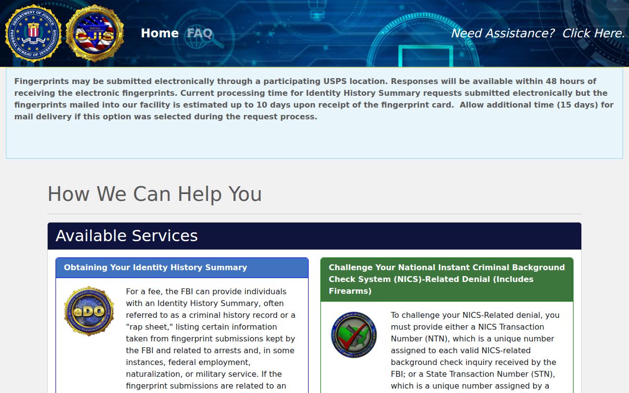 FBI electronic identity history ordering portal relevant to Lewiston self-review