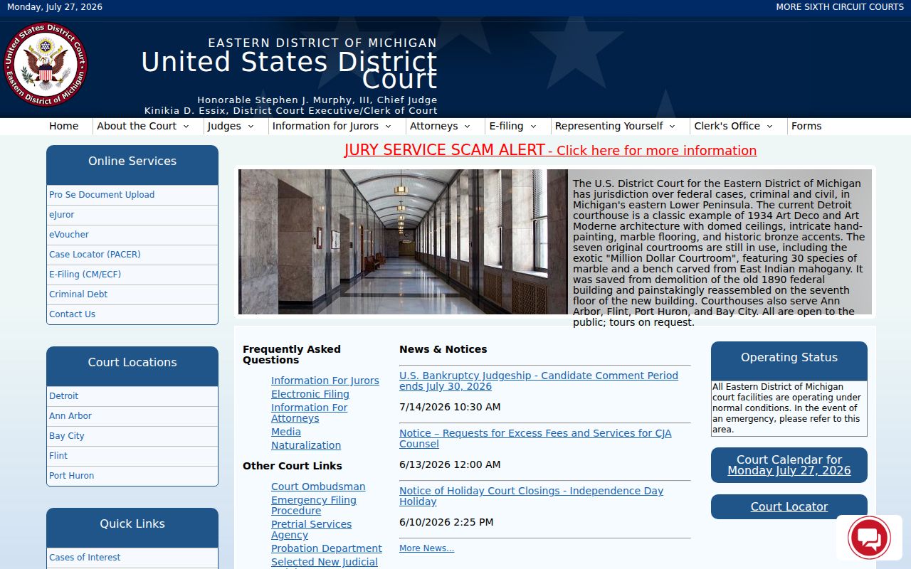 Eastern District of Michigan federal court information for Lewiston records