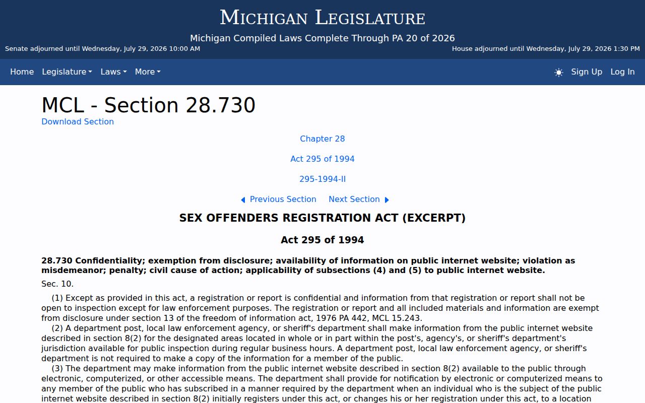 Michigan registry duration statute used for Montmorency County sex offender records